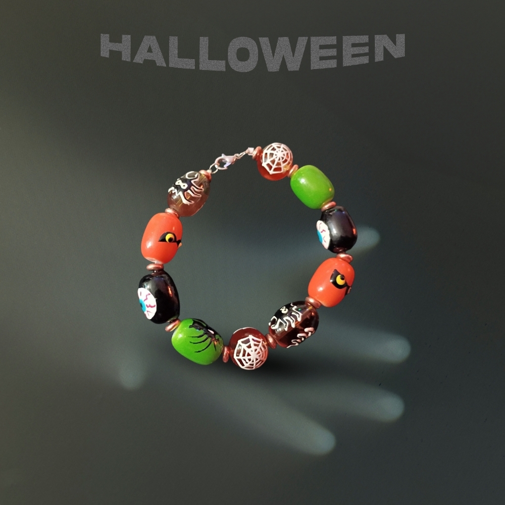 NEW Handcrafted HALLOWEEN Icons Beaded Bracelet Evil Eye Spider Web Spooky Eyes